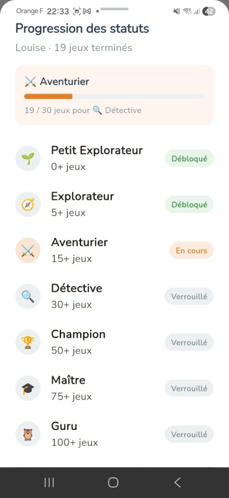 Progression des statuts du joueur