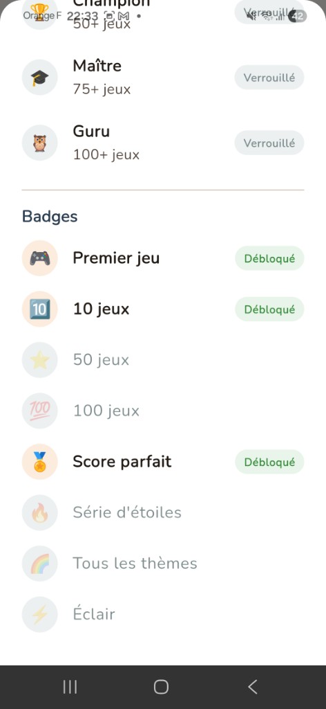 Badges et succès débloqués